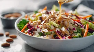 Chinese chicken salad with shredded chicken, romaine lettuce, carrots, red cabbage, dates, almonds, and creamy sesame-style dressing