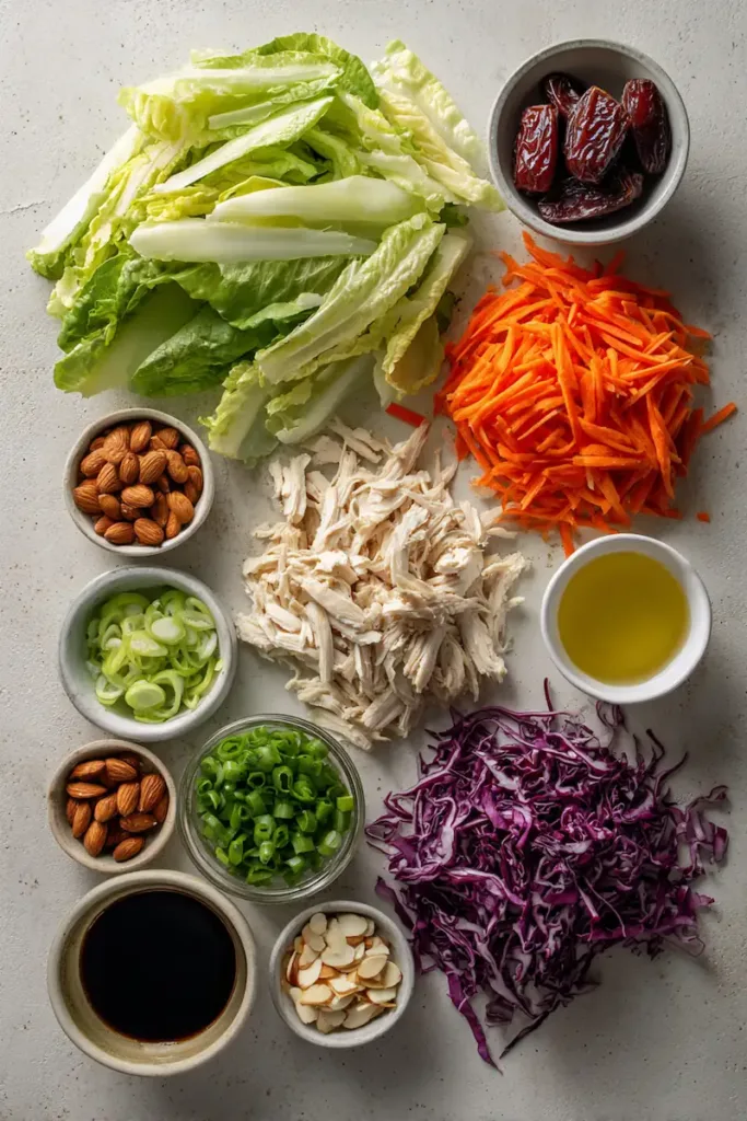 Easy Chinese Chicken Salad (Whole30, Paleo & Fresh) 3 Ingredients for Chinese chicken salad including shredded chicken, romaine lettuce, carrots, red cabbage, dates, almonds, and sesame dressing ingredients