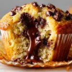 Chocolate chunk banana muffins with golden domed tops and melted chocolate pieces cooling on a wire rack