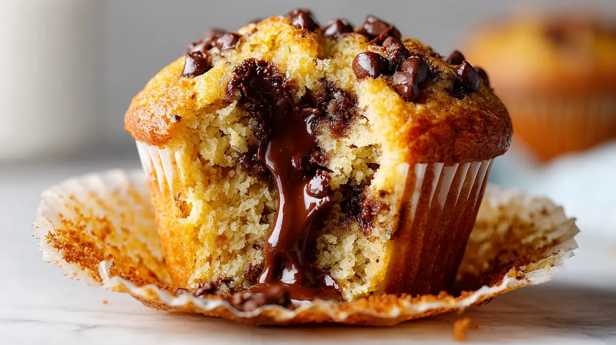 Chocolate Chunk Banana Muffins (Easy, Moist & Bakery-Style) 4 Chocolate chunk banana muffins with golden domed tops and melted chocolate pieces cooling on a wire rack