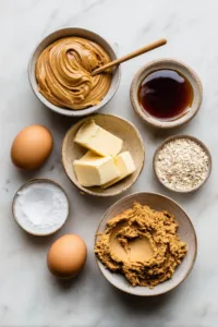 Ingredients for classic peanut butter cookies including peanut butter, butter, sugar, flour, egg, and vanilla arranged on a light surface
