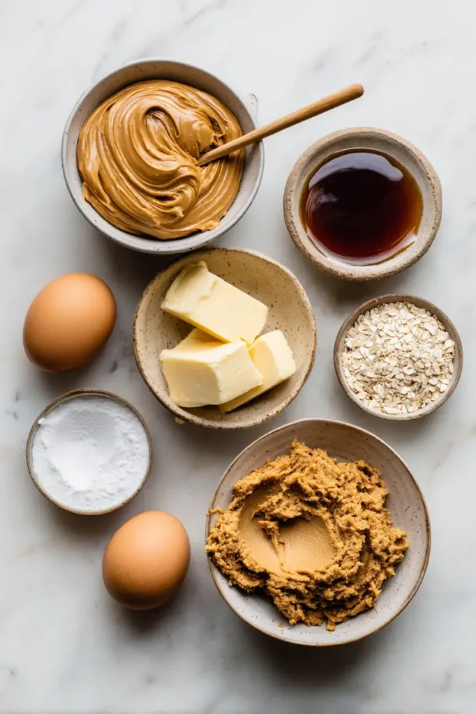 Ingredients for classic peanut butter cookies including peanut butter, butter, sugar, flour, egg, and vanilla arranged on a light surface