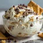 Creamy cookie dough dip in a glass bowl with mini chocolate chips, served with graham crackers on a wooden table