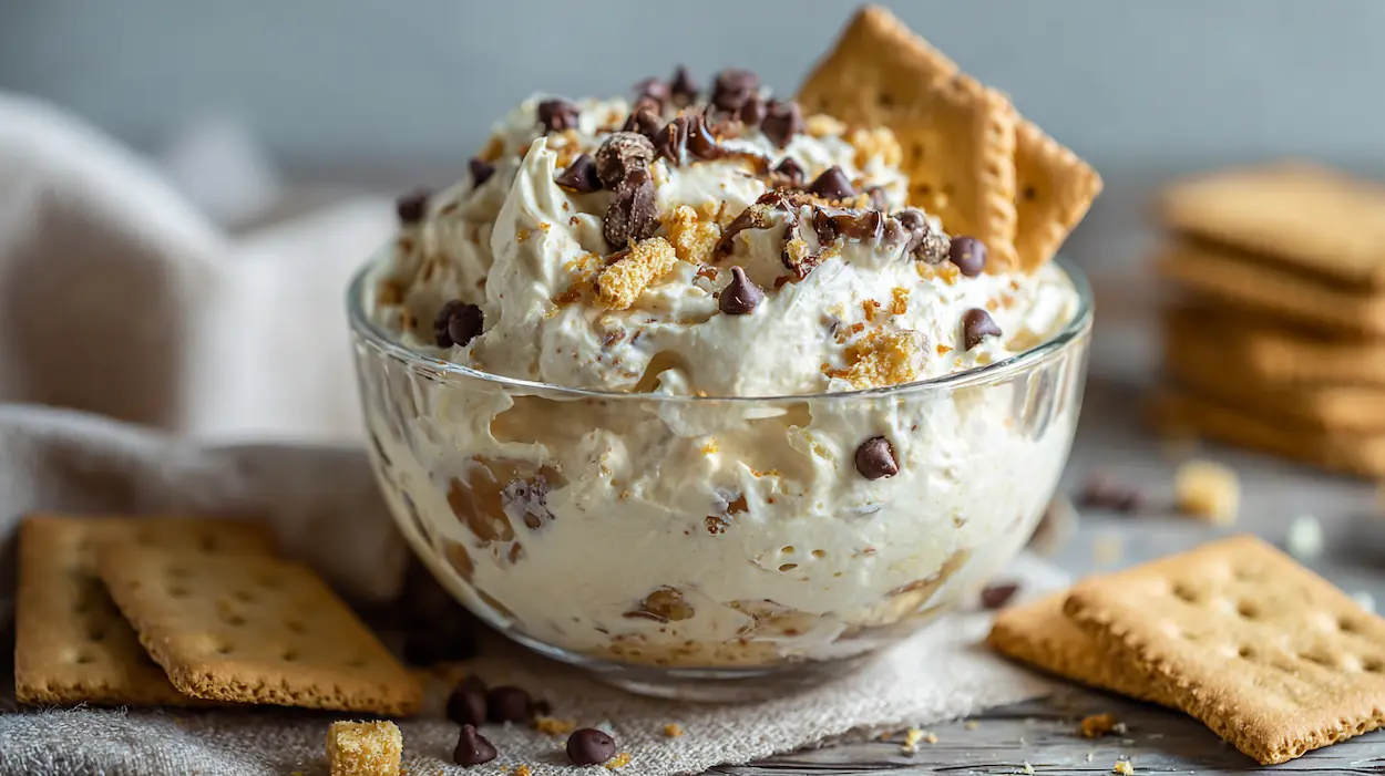 Creamy cookie dough dip in a glass bowl with mini chocolate chips, served with graham crackers on a wooden table