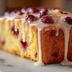 Cranberry Orange Bread: Moist, Glazed Fruit Bread Perfect for Any Occasion Moist cranberry loaf cake topped with white icing glaze and whole cranberries, sliced on a marble surface.