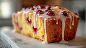 Moist cranberry loaf cake topped with white icing glaze and whole cranberries, sliced on a marble surface.
