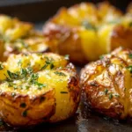 Crispy smashed potatoes baked in the oven with garlic butter, golden and crunchy on a baking sheet