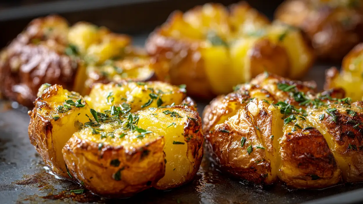 Crispy smashed potatoes baked in the oven with garlic butter, golden and crunchy on a baking sheet