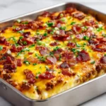 Bacon cheeseburger casserole baked in a metal pan with melted cheddar cheese, crispy bacon, and juicy ground beef, golden and bubbly