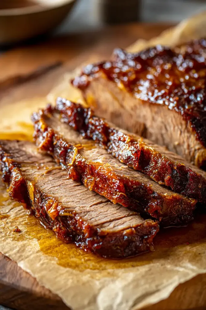 Sliced beef brisket cooked in the oven until tender and juicy on a cutting board