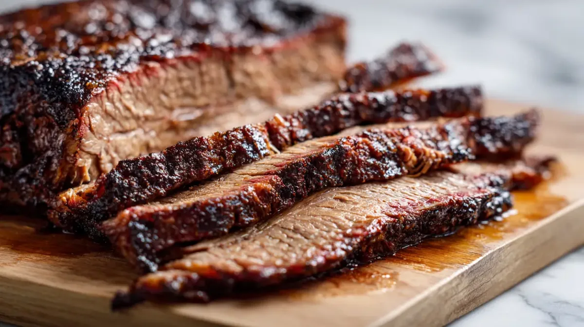 Juicy beef brisket cooked in the oven, sliced and served on a wooden cutting board