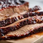 Juicy beef brisket cooked in the oven, sliced and served on a wooden cutting board