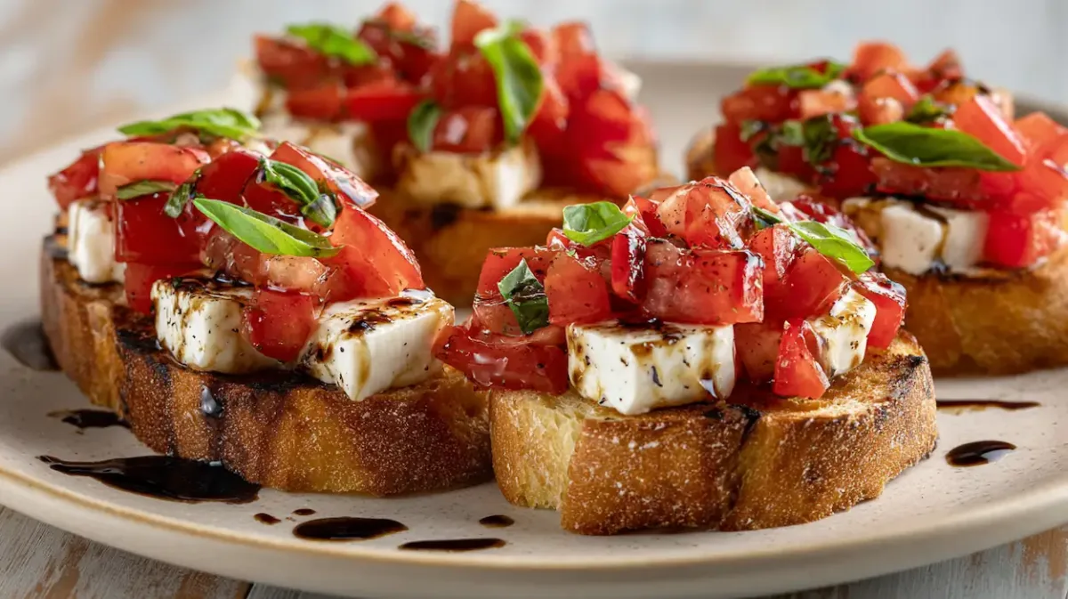 Easy Bruschetta Recipe with Fresh Tomatoes and Mozzarella (Perfect Party Finger Food) 1 Easy bruschetta recipe with fresh tomatoes, mozzarella, basil, and toasted bread served as an Italian party appetizer.