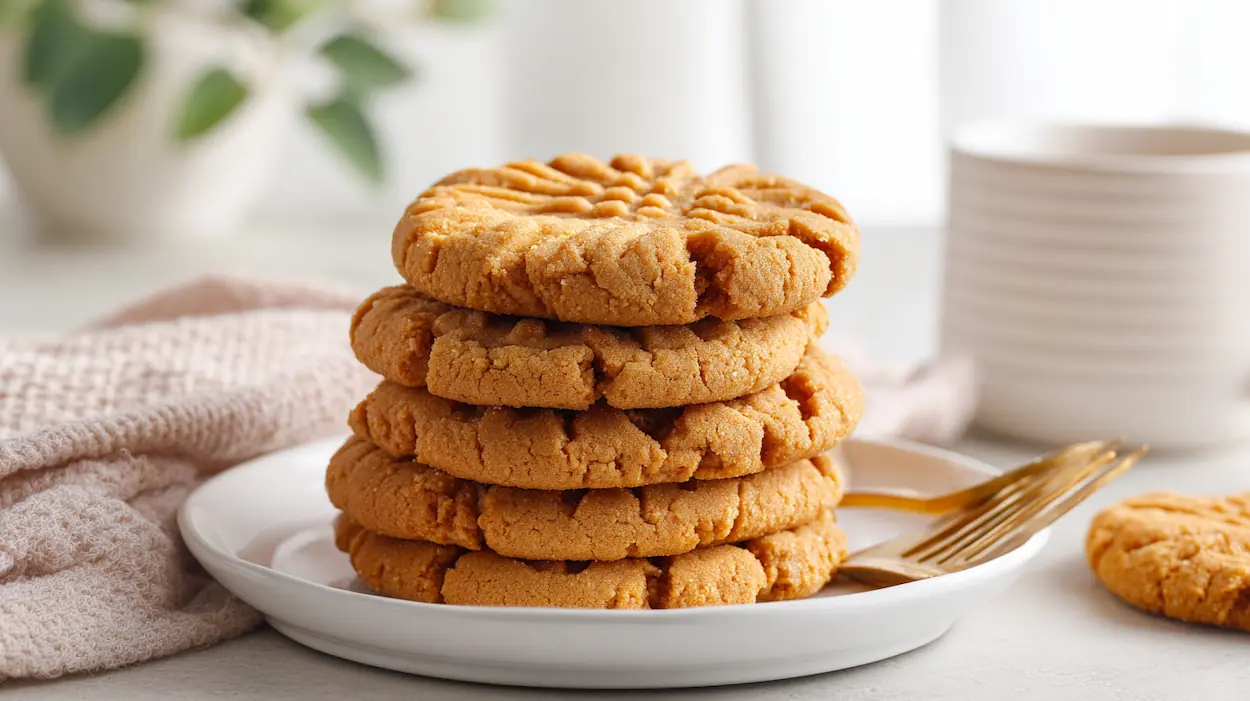 Stack of easy and chewy peanut butter cookies with classic fork crisscross tops, soft centers, and golden edges