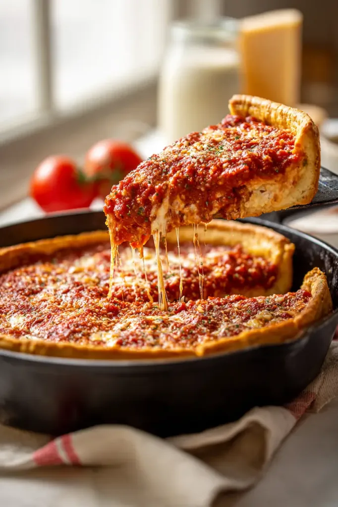 Homemade Chicago Deep Dish Pizza with thick crust, layers of cheese, sausage, and rich tomato sauce baked in a deep pan
