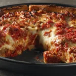 Homemade Chicago Deep Dish Pizza baked in a deep pan with a thick buttery crust, layers of melted mozzarella, sausage, and rich tomato sauce