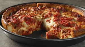 Homemade Chicago Deep Dish Pizza baked in a deep pan with a thick buttery crust, layers of melted mozzarella, sausage, and rich tomato sauce