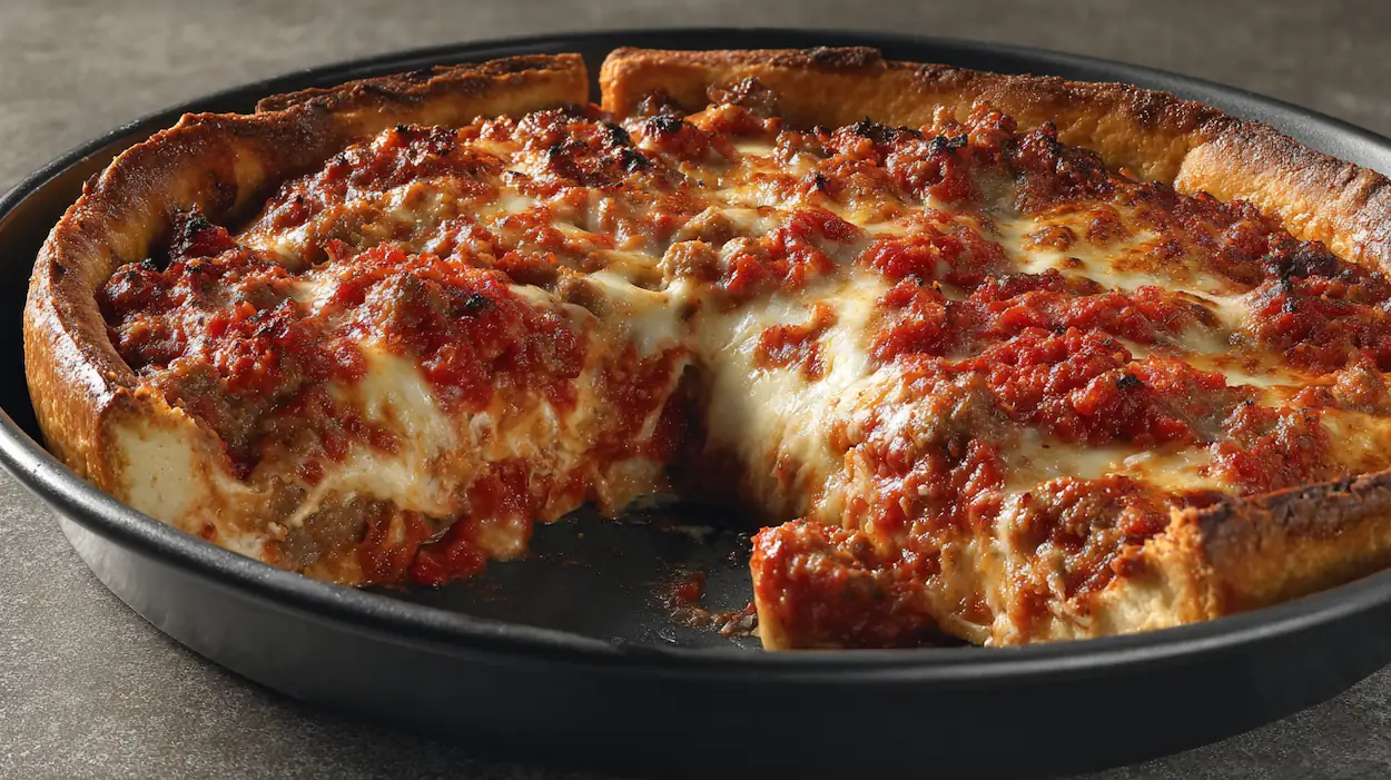 Homemade Chicago Deep Dish Pizza baked in a deep pan with a thick buttery crust, layers of melted mozzarella, sausage, and rich tomato sauce