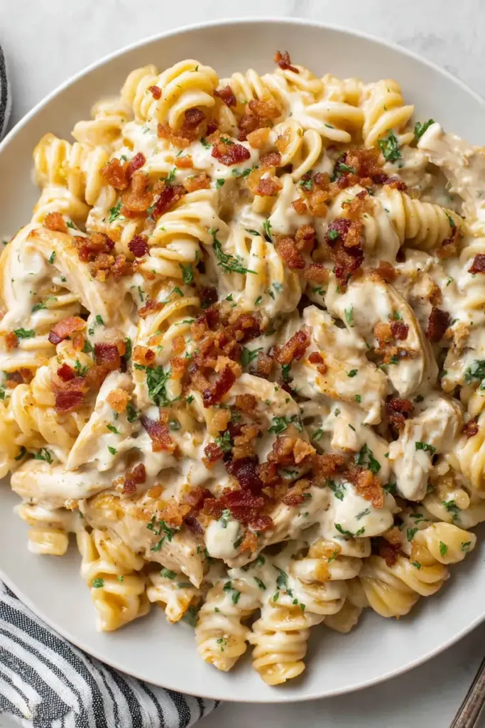 Chicken Bacon Ranch Pasta (Creamy, Easy & Family-Friendly) 2 Creamy chicken bacon ranch pasta with bacon bits and tender chicken in a white bowl