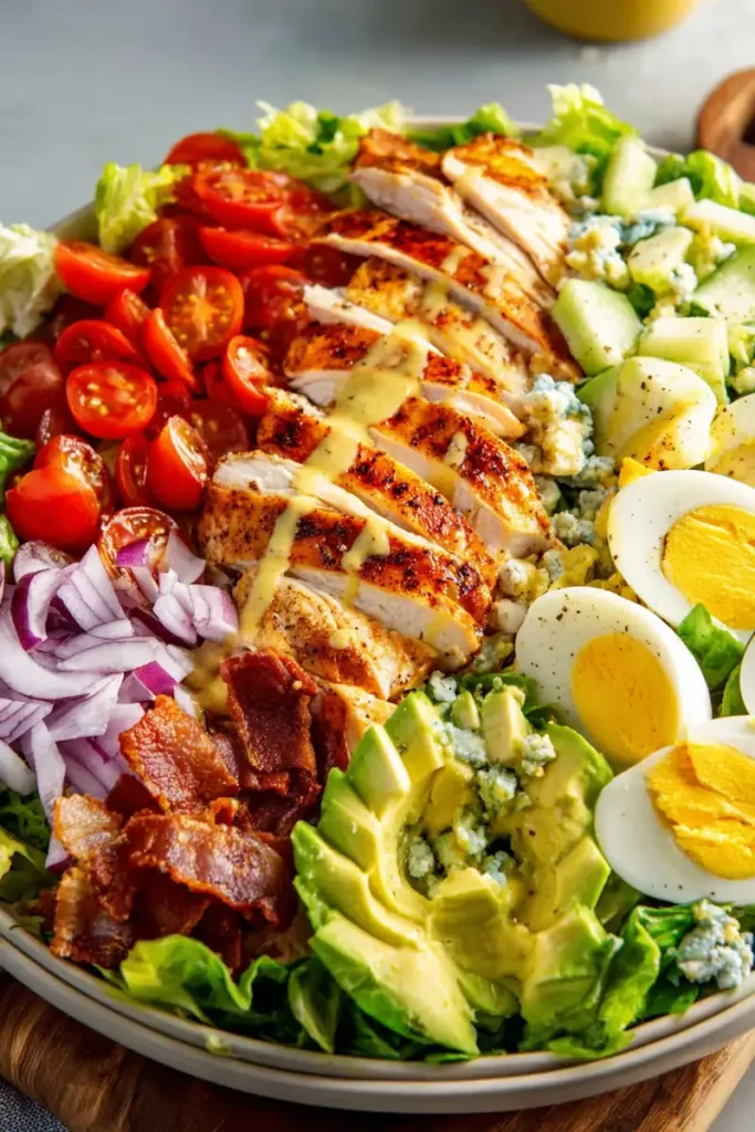 Chicken cobb salad with grilled chicken, bacon, eggs, avocado, and honey dijon dressing in a large bowl