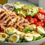 Easy Chicken Cobb Salad with Honey Dijon Dressing Chicken cobb salad with grilled chicken, crispy bacon, hard boiled eggs, avocado, tomatoes, and honey dijon dressing in a large bowl
