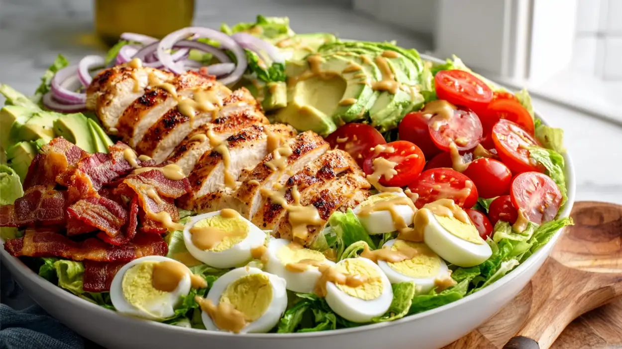 Chicken cobb salad with grilled chicken, crispy bacon, hard boiled eggs, avocado, tomatoes, and honey dijon dressing in a large bowl
