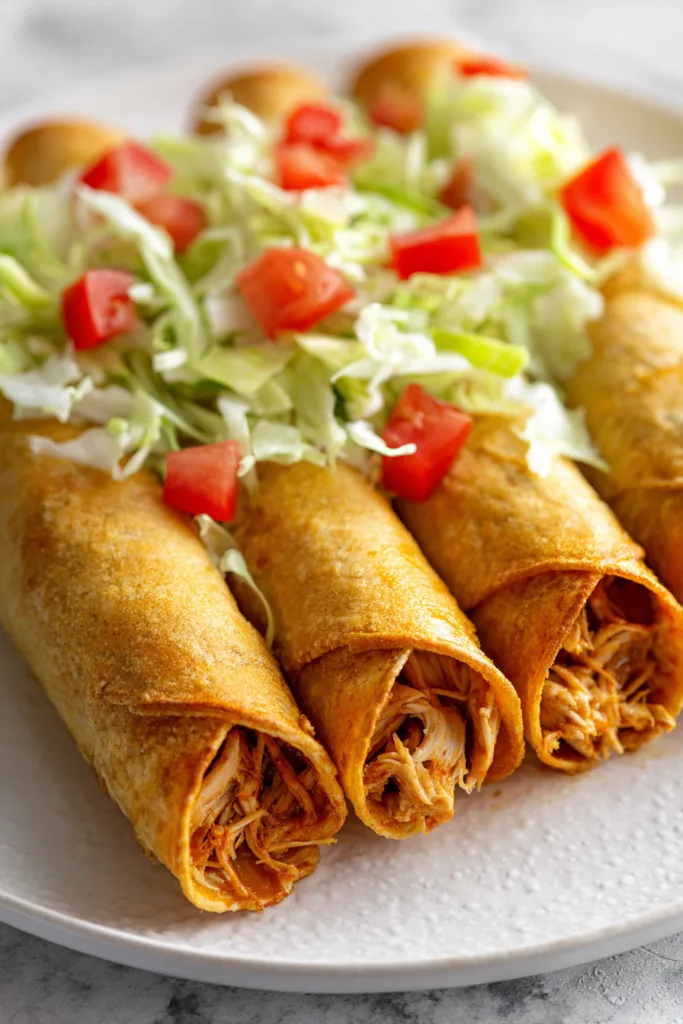 Chicken Flautas (Easy, Crunchy & Homemade) 2 Homemade chicken flautas rolled in tortillas and fried until golden and crispy on a white plate