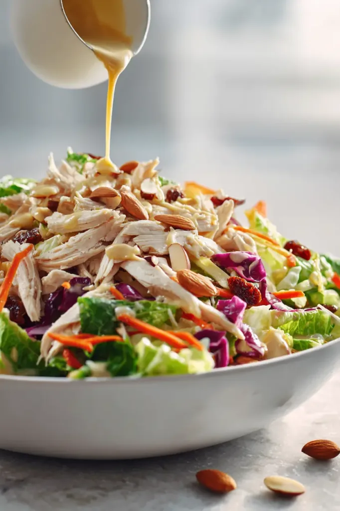Easy Chinese Chicken Salad (Whole30, Paleo & Fresh) 2 Colorful Chinese chicken salad with shredded chicken, lettuce, carrots, dates, almonds, and creamy dressing in a bowl