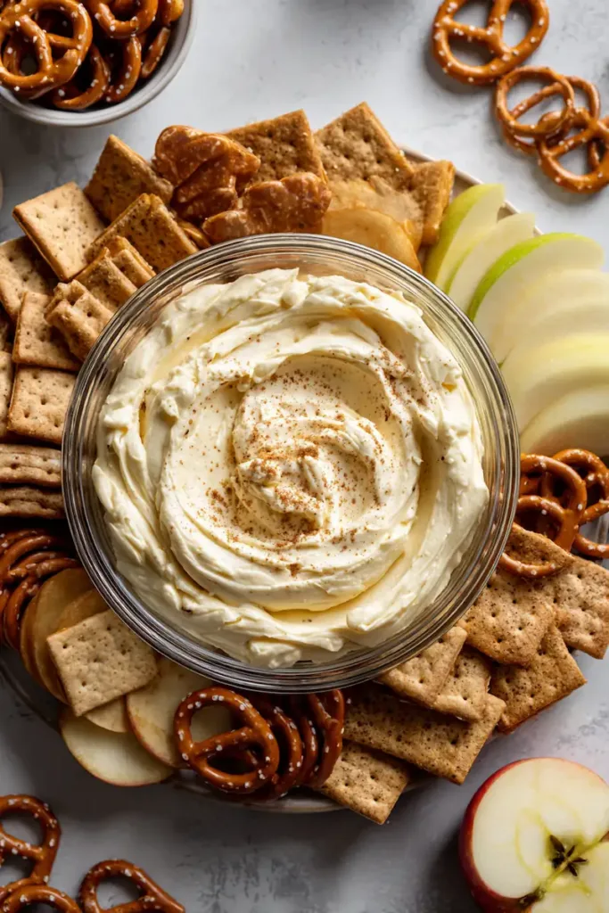 Creamy cookie dough dip in a glass bowl served with graham crackers for a party dessert