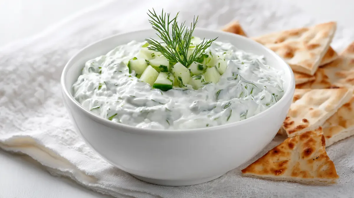 Easy Creamy Tzatziki Sauce Recipe (Healthy & Ready in 10 Minutes) 1 Creamy homemade tzatziki sauce made with Greek yogurt, cucumber, garlic, and fresh dill served with pita chips