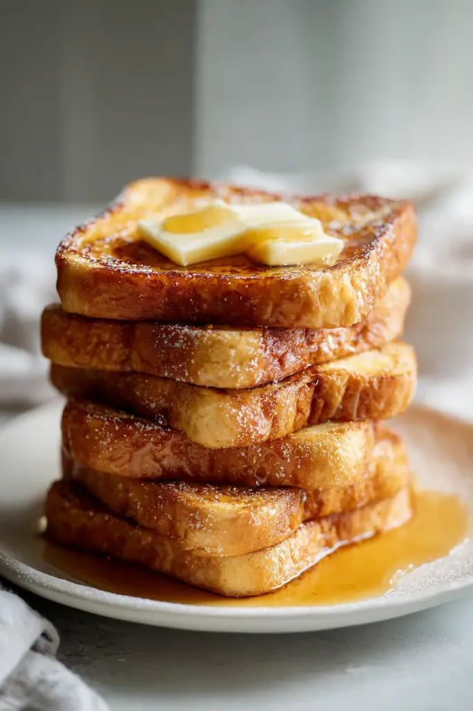 French Toast Recipe (Simple, Easy & Classic) 2 Stack of golden brown French toast with butter and maple syrup, easy French toast recipe for breakfast