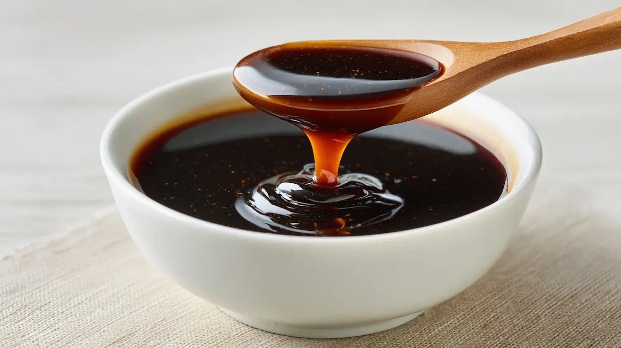 Dark honey garlic sauce in a white bowl with glossy soy-based texture, thick black garlic sauce dripping from a spoon