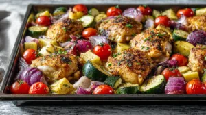 Greek sheet pan chicken dinner with roasted vegetables, juicy chicken thighs, cherry tomatoes, zucchini, and Mediterranean herbs