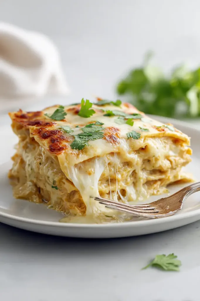 A cheesy slice of green chile chicken enchilada casserole with creamy layers and cilantro on top.