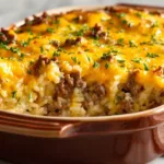 Cheesy hamburger rice casserole baked in a ceramic dish with golden melted cheese on top, served as a comforting family dinner.
