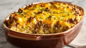 Cheesy hamburger rice casserole baked in a ceramic dish with golden melted cheese on top, served as a comforting family dinner.