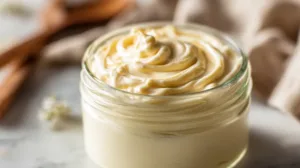 Easy homemade mayonnaise in a glass mason jar with fresh lemon on a wooden table