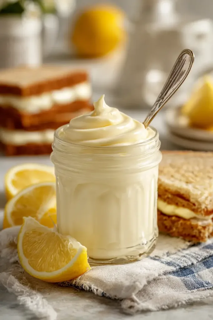 Creamy easy homemade mayonnaise in a mason jar with fresh lemon on a wooden table