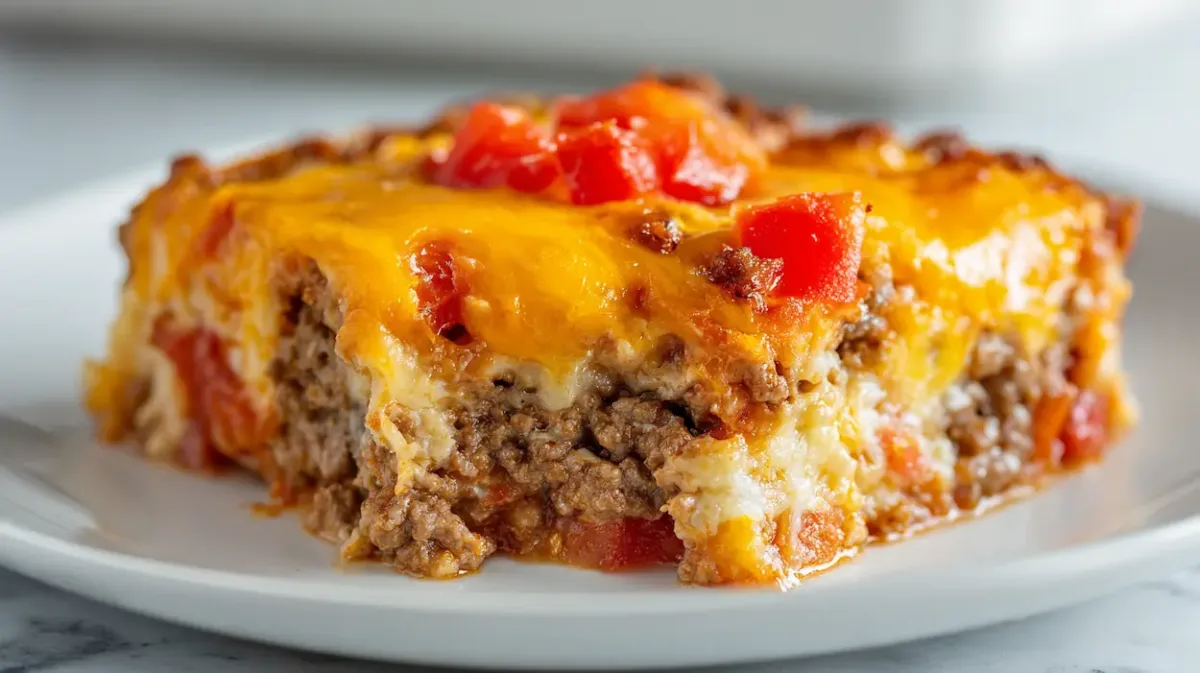 John Wayne Casserole (Easy, Cheesy, Crowd-Pleasing Comfort Food) 1 John Wayne casserole baked with melted cheese, ground beef, bell peppers, and biscuit crust in a casserole dish