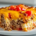 John Wayne casserole baked with melted cheese, ground beef, bell peppers, and biscuit crust in a casserole dish