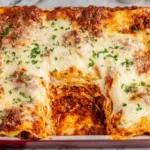 Cheesy homemade meat lasagna recipe baked in a casserole dish with layers of beef, sausage, pasta, and melted cheese