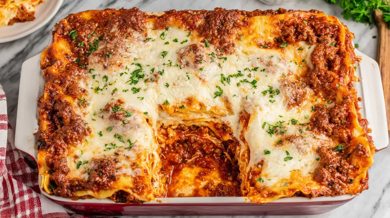 Cheesy homemade meat lasagna recipe baked in a casserole dish with layers of beef, sausage, pasta, and melted cheese