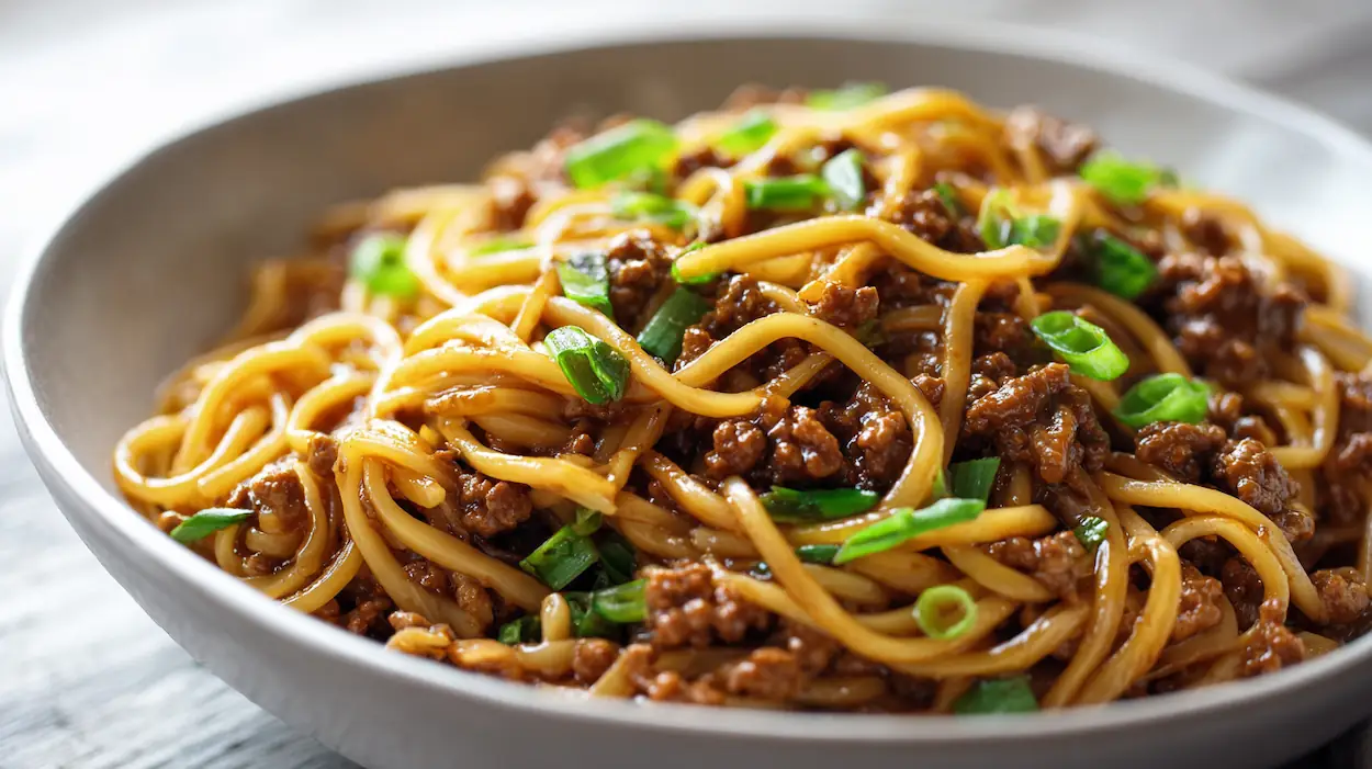 Easy Mongolian Ground Beef Noodles (Quick, Budget-Friendly Dinner) 4 Bowl of Mongolian ground beef noodles with glossy sweet and savory sauce, tender noodles, and sliced green onions
