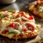 Homemade naan bread pizza with melted mozzarella, pepperoni, and vegetables baked until golden and sliced on a baking sheet