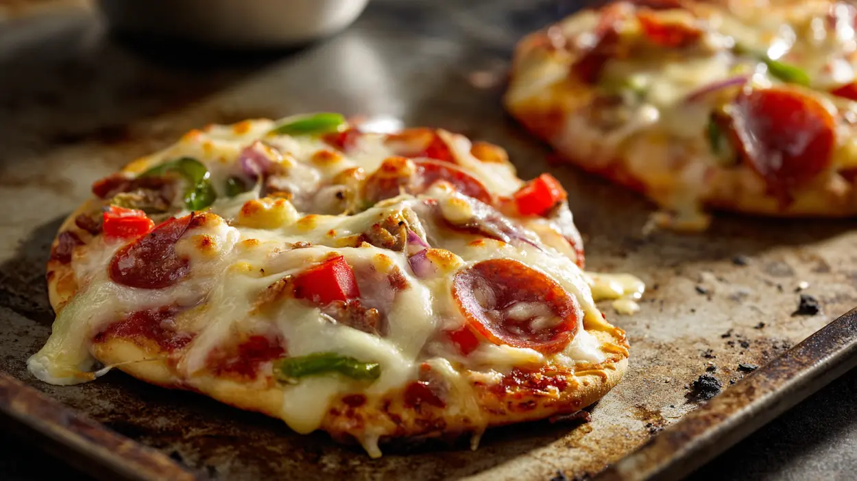 Homemade naan bread pizza with melted mozzarella, pepperoni, and vegetables baked until golden and sliced on a baking sheet