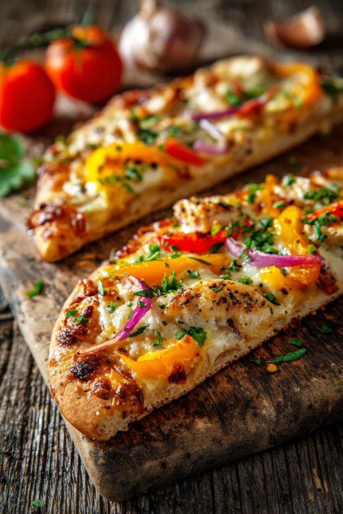 Homemade naan bread pizza sliced and ready to eat with melted cheese and toppings