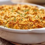 Golden and bubbly poppy seed chicken casserole in a baking dish, fresh from the oven, with a crispy cracker topping.