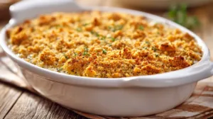 Golden and bubbly poppy seed chicken casserole in a baking dish, fresh from the oven, with a crispy cracker topping.