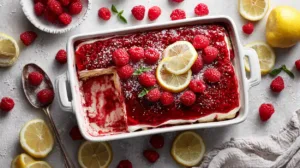 Easy raspberry tiramisu with lady finger desserts topped with a glossy raspberry layer