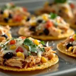 Crispy rotisserie chicken tostadas topped with melted cheese, black beans, corn, tomatoes, avocado, and fresh cilantro on a baking sheet
